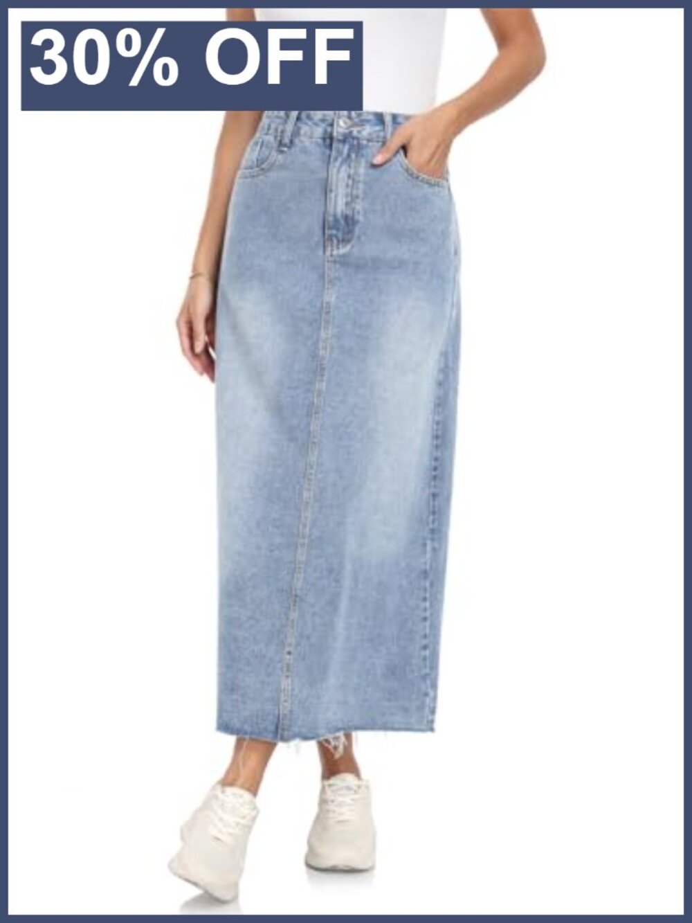 High Waisted A-Line Denim Midi Skirt Stretch Frayed Raw Hem with Pockets